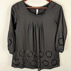 Jolie Womens Geometric Cut Out Pleated Top Size S Black‎ 3/4 Balloon Sleeve Boho